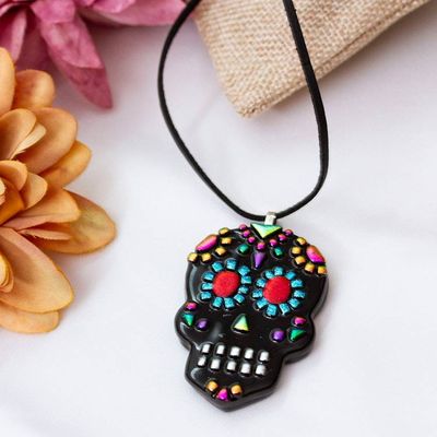 Alternate image for Day of the Dead-Themed Colorful Art Glass Pendant Necklace Underworld Class