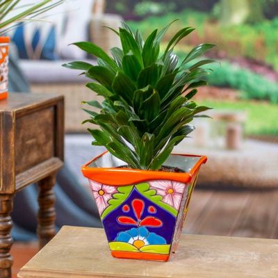 Alternate image for Talavera-Style Ceramic Flower Pot in Orange Made in Mexico Thriving Orange