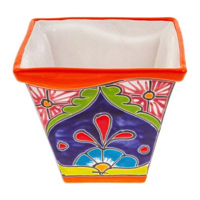 Alternate image for Talavera-Style Ceramic Flower Pot in Orange Made in Mexico Thriving Orange