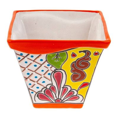 Alternate image for Talavera-Style Ceramic Flower Pot in Orange Made in Mexico Thriving Orange
