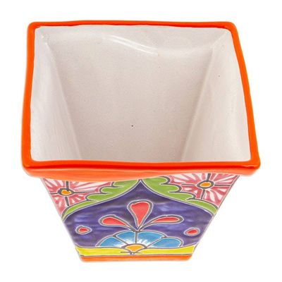 Alternate image for Talavera-Style Ceramic Flower Pot in Orange Made in Mexico Thriving Orange