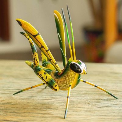 Primary image for Wood Alebrije Cricket Sculpture in Yellow from Mexico Yellow Good Luck Cricket