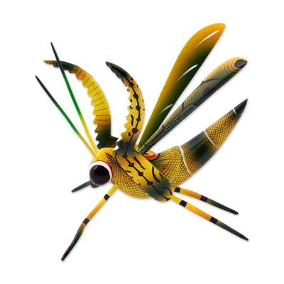 Alternate image for Wood Alebrije Cricket Sculpture in Yellow from Mexico Yellow Good Luck Cricket