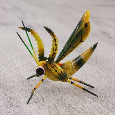 Alternate image for Wood Alebrije Cricket Sculpture in Yellow from Mexico Yellow Good Luck Cricket