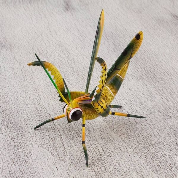 Alternate image for Wood Alebrije Cricket Sculpture in Yellow from Mexico Yellow Good Luck Cricket