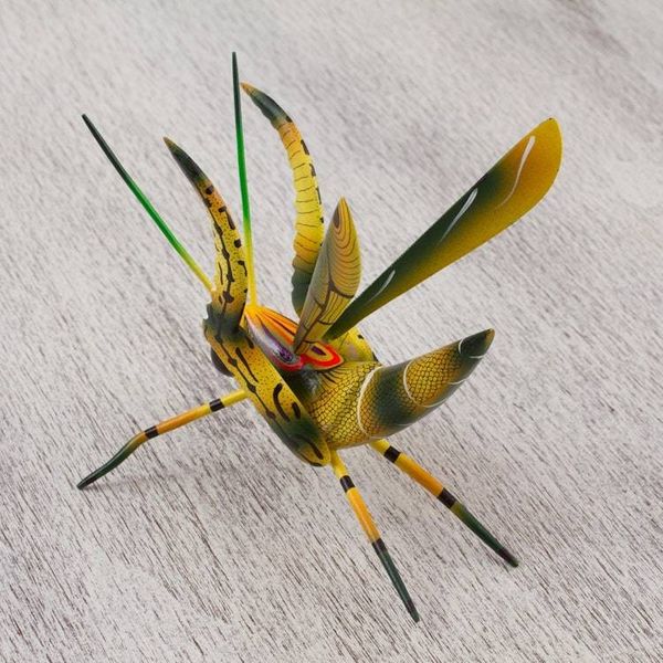 Alternate image for Wood Alebrije Cricket Sculpture in Yellow from Mexico Yellow Good Luck Cricket
