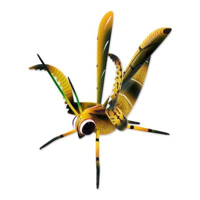 Alternate image for Wood Alebrije Cricket Sculpture in Yellow from Mexico Yellow Good Luck Cricket