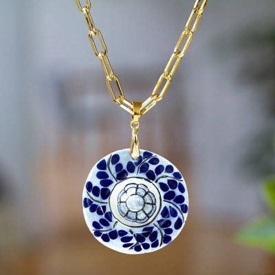 Primary image for Hand-Painted Talavera 14k Gold-Accented Pendant Necklace Endless Blue