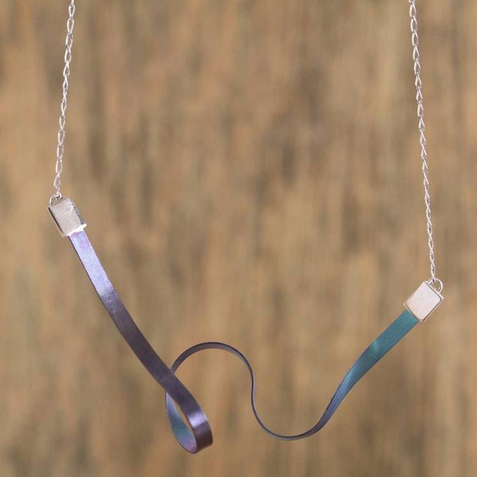 Modern Titanium Plated Sterling Silver Pendant Necklace 'Modern Ribbon'