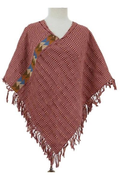 Alternate image for Handwoven Cotton Poncho in Burgundy and Cornsilk from Mexico Tender Mornings