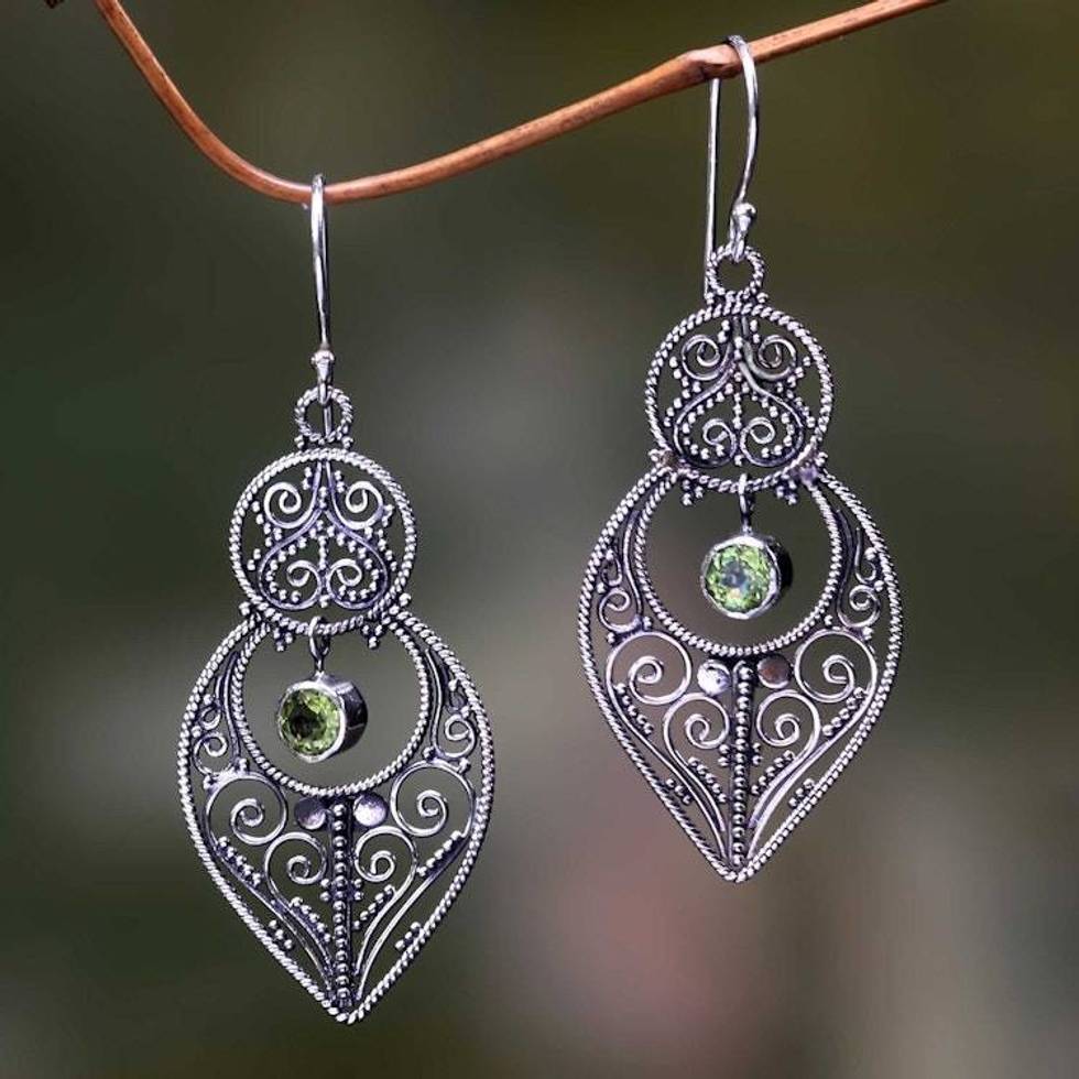 Artisan Crafted Peridot on Sterling Silver Hook Earrings 'Majapahit Glory'