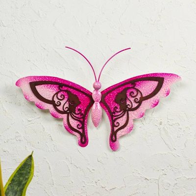 Alternate image for Fuchsia Butterfly-themed Steel Wall Art Handmade in Mexico Aztec Butterfly in Fuchsia