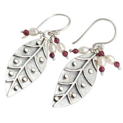 Alternate image for Pearl and garnet dangle earrings Leaves in Dew