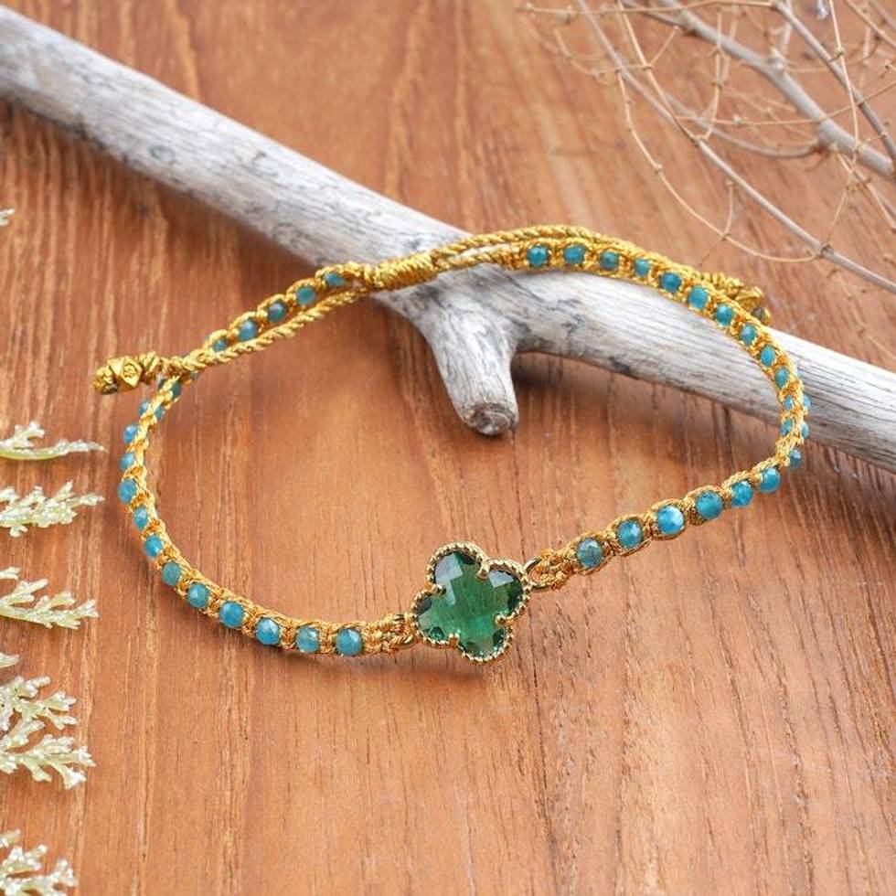 Eco-Friendly Gold-Accented Apatite Recycled Glass Bracelet 'Flower of Glam'