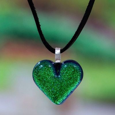 Primary image for Heart-Themed Green Art Glass and Faux Suede Pendant Necklace Heartfelt Hope