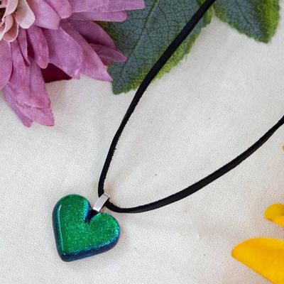 Alternate image for Heart-Themed Green Art Glass and Faux Suede Pendant Necklace Heartfelt Hope