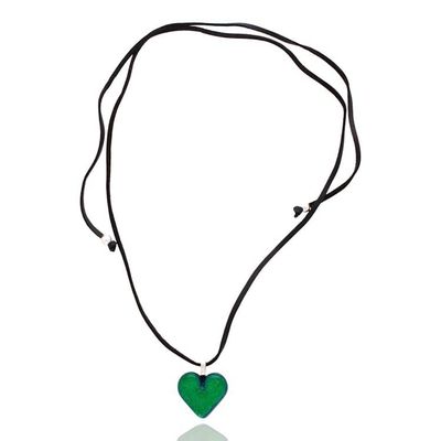 Alternate image for Heart-Themed Green Art Glass and Faux Suede Pendant Necklace Heartfelt Hope