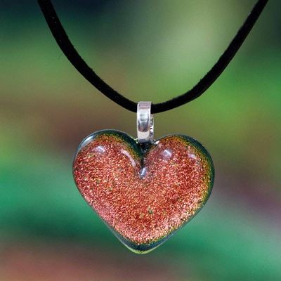 Primary image for Copper-Toned Art Glass and Faux Suede Heart Pendant Necklace Heartfelt Victory