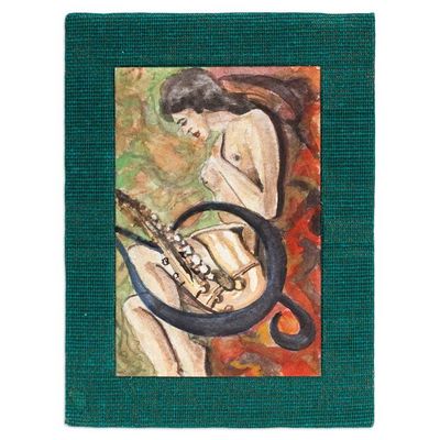 Alternate image for Stretched Expressionist Painting of Nude Woman and Saxophone Woman with Saxophone