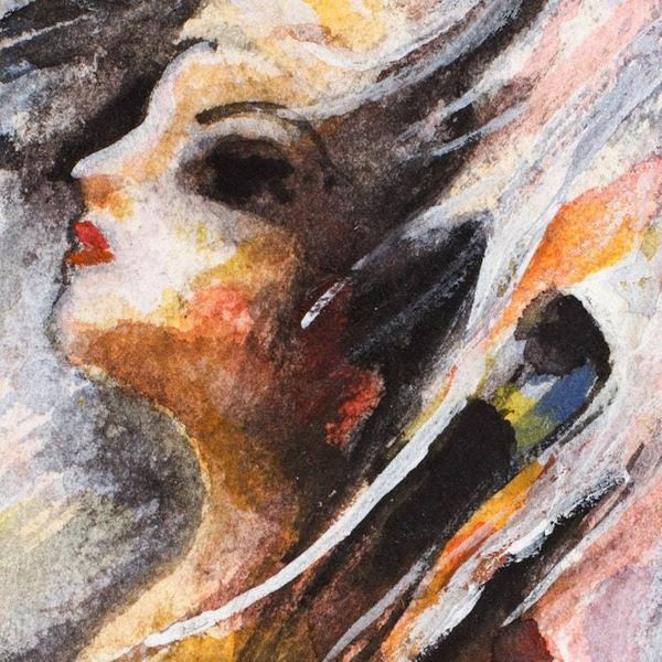Alternate image for Expressionist Watercolor Painting of Woman and White Horse Woman with White Horse