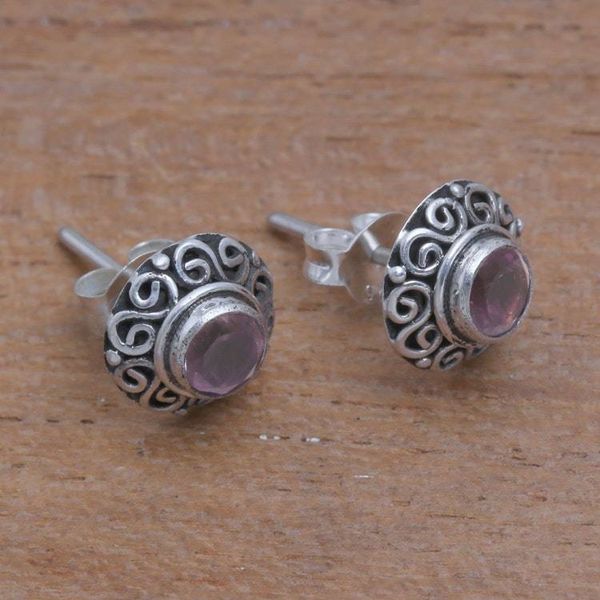 Alternate image for Swirl Pattern Amethyst Stud Earrings from Bali God Eye