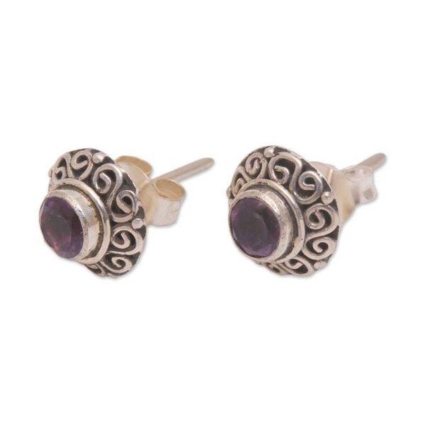 Alternate image for Swirl Pattern Amethyst Stud Earrings from Bali God Eye