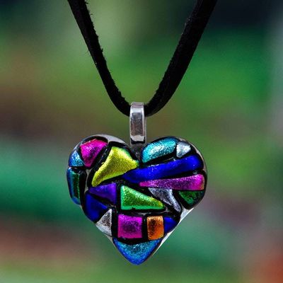 Primary image for Colorful Heart-Shaped Dichroic Glass Mosaic Pendant Necklace Heart of Rainbow