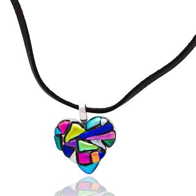 Alternate image for Colorful Heart-Shaped Dichroic Glass Mosaic Pendant Necklace Heart of Rainbow