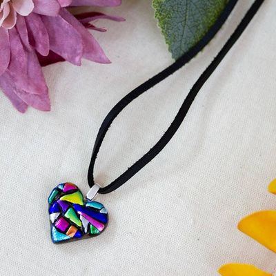 Alternate image for Colorful Heart-Shaped Dichroic Glass Mosaic Pendant Necklace Heart of Rainbow