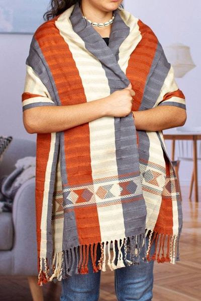 Primary image for Grey Ivory Orange Backstrap Woven Embroidered Rebozo Shawl Ginger Spice