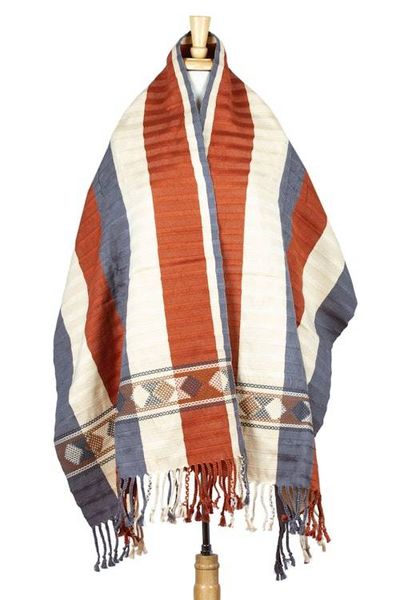 Alternate image for Grey Ivory Orange Backstrap Woven Embroidered Rebozo Shawl Ginger Spice