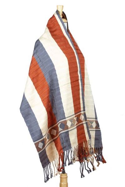 Alternate image for Grey Ivory Orange Backstrap Woven Embroidered Rebozo Shawl Ginger Spice