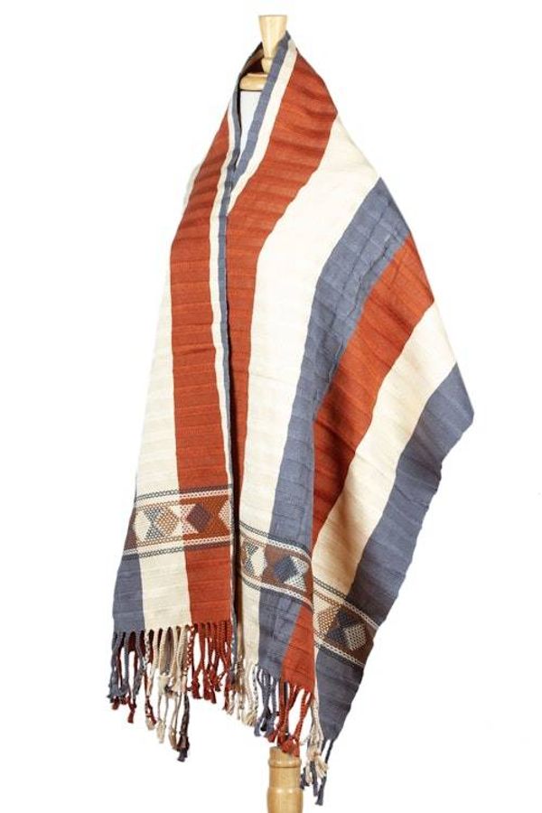 Alternate image for Grey Ivory Orange Backstrap Woven Embroidered Rebozo Shawl Ginger Spice