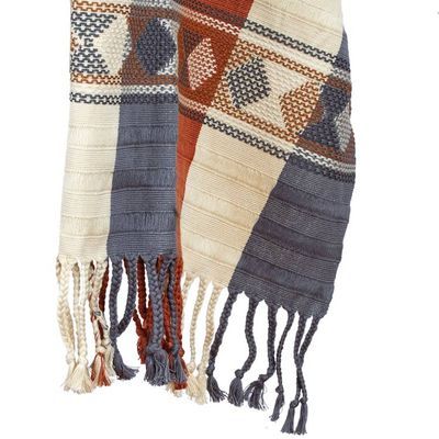 Alternate image for Grey Ivory Orange Backstrap Woven Embroidered Rebozo Shawl Ginger Spice