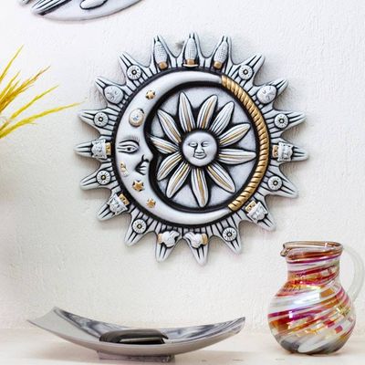 Alternate image for Hand-Painted Eclipse Ceramic Wall Art in Ivory and Yellow Galactic Meeting in Ivory