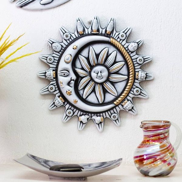 Alternate image for Hand-Painted Eclipse Ceramic Wall Art in Ivory and Yellow Galactic Meeting in Ivory