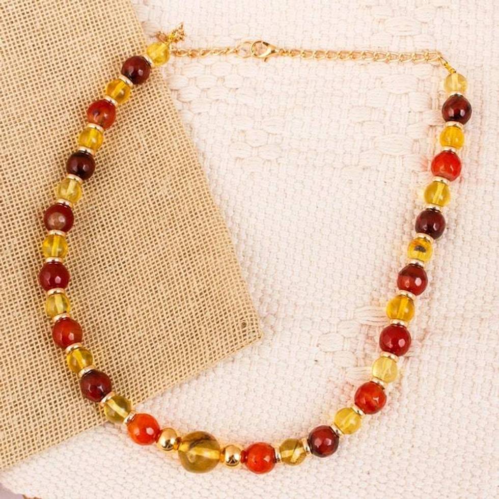 Gold Plated Amber and Agate Beaded Necklace from Mexico 'Wine Garland'