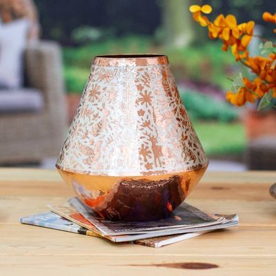 Primary image for Animal Motif Silver Accented Copper Vase from Mexico Gleaming Fauna