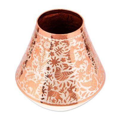 Alternate image for Animal Motif Silver Accented Copper Vase from Mexico Gleaming Fauna