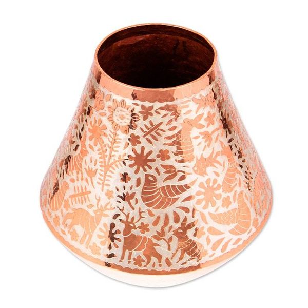 Alternate image for Animal Motif Silver Accented Copper Vase from Mexico Gleaming Fauna