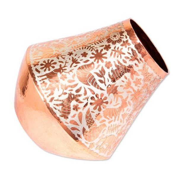 Alternate image for Animal Motif Silver Accented Copper Vase from Mexico Gleaming Fauna