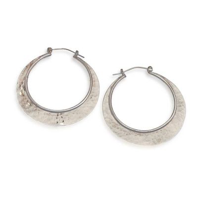 Primary image for Hammered and Polished Sterling Silver Moon Hoop Earrings Moon  Modernity
