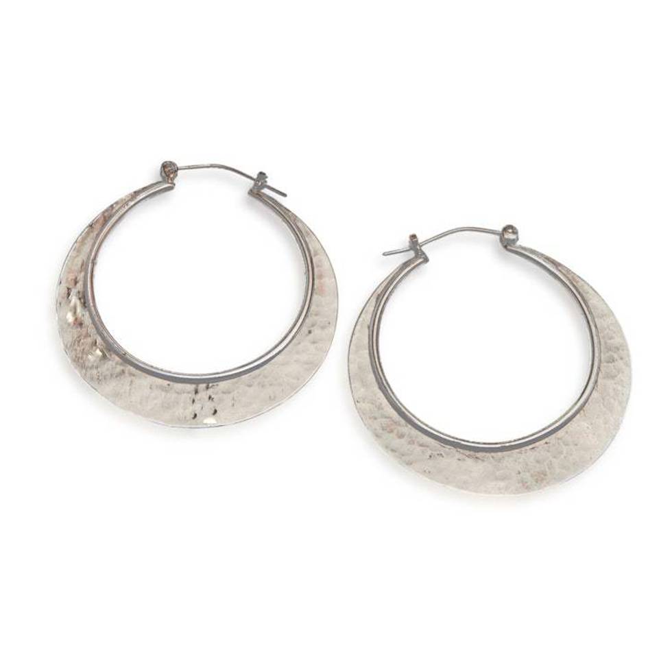 Hammered and Polished Sterling Silver Moon Hoop Earrings 'Moon Modernity'