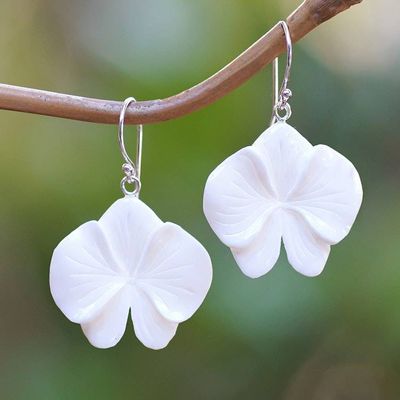 Alternate image for Hand-Carved Orchid Bloom-Shaped Dangle Earrings Snowy Orchid
