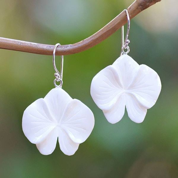 Alternate image for Hand-Carved Orchid Bloom-Shaped Dangle Earrings Snowy Orchid