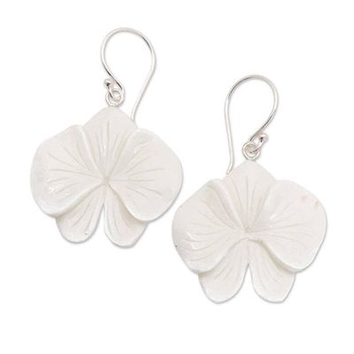 Alternate image for Hand-Carved Orchid Bloom-Shaped Dangle Earrings Snowy Orchid