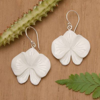 Alternate image for Hand-Carved Orchid Bloom-Shaped Dangle Earrings Snowy Orchid