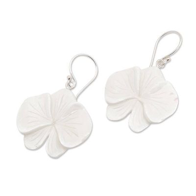 Alternate image for Hand-Carved Orchid Bloom-Shaped Dangle Earrings Snowy Orchid
