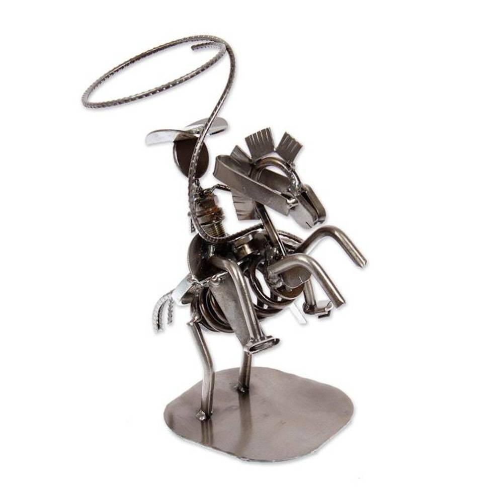 Riding Cowboy-Themed Eco-Friendly Recycled Metal Figurine 'Riding Cowboy'
