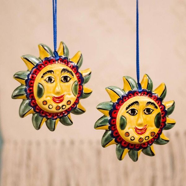 Alternate image for Artisan Crafted Ceramic Sun Ornament Pair from Mexico Fantastic Suns